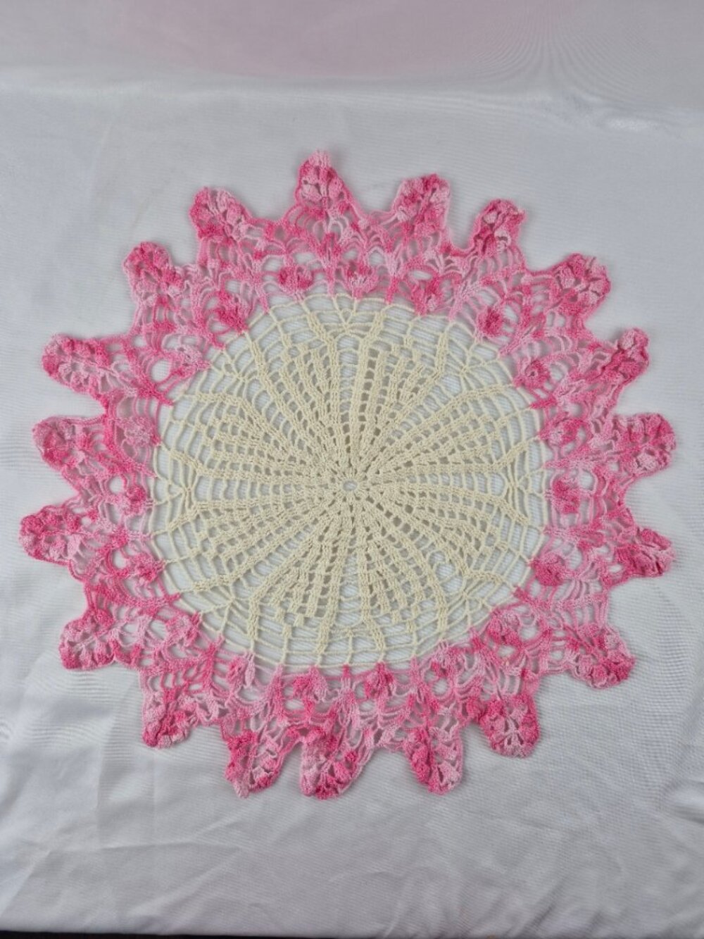 Vintage Round Crochet Doily Cream Lacey Center Ruffled Variegated Pink Border
